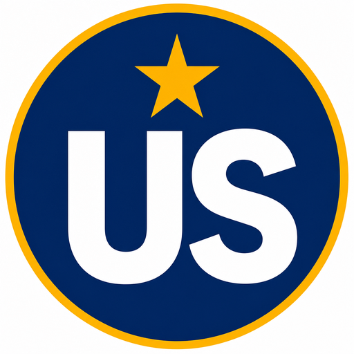 Blue circular badge with a yellow border, featuring the white letters 'US' and a yellow star above them (US national emblem symbolism).