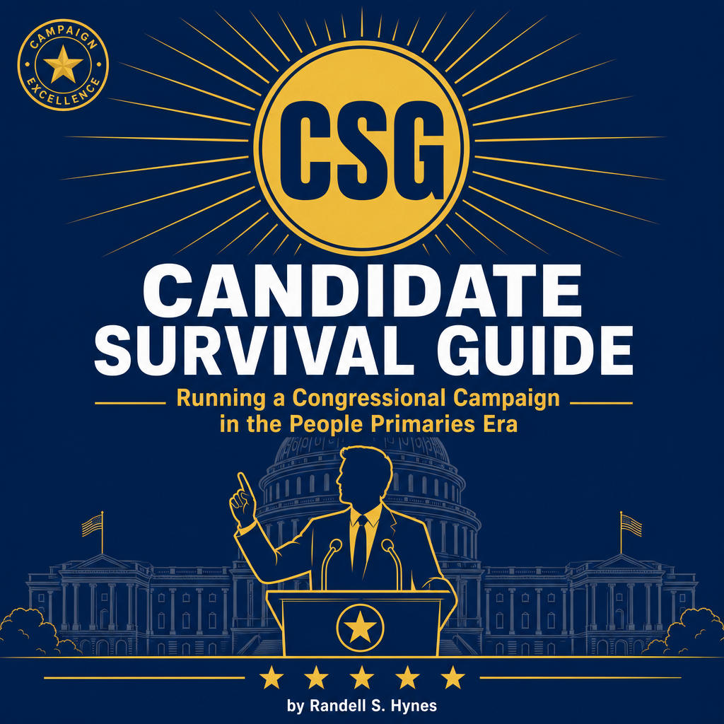 Cover image for 'CSG Candidate Survival Guide' by Randell S. Hynes; features a gold sunburst circle with CSG initials and a speaker at a podium in front of the Capitol, on a blue background.
