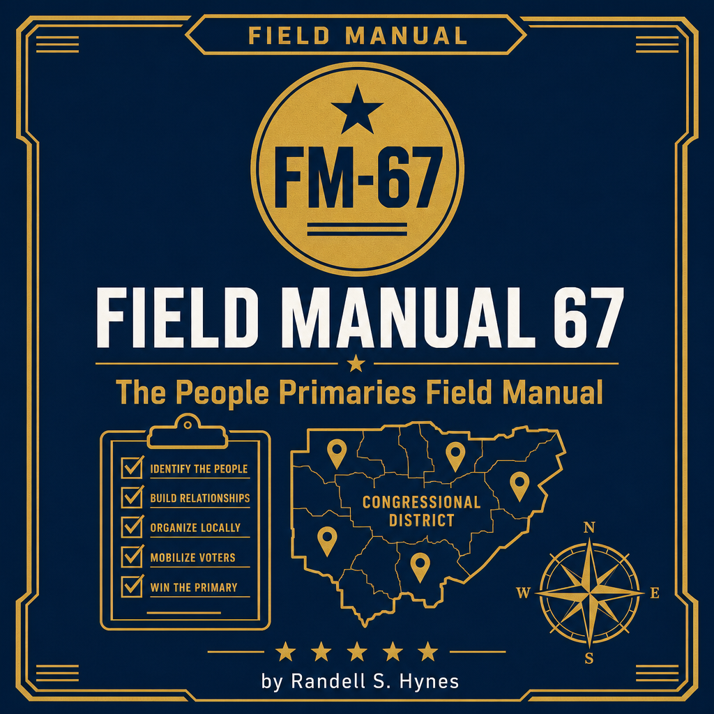 Blue-gold book cover for Field Manual 67, with a map of a congressional district, a checklist clipboard, a compass, and author Randell S. Hynes.